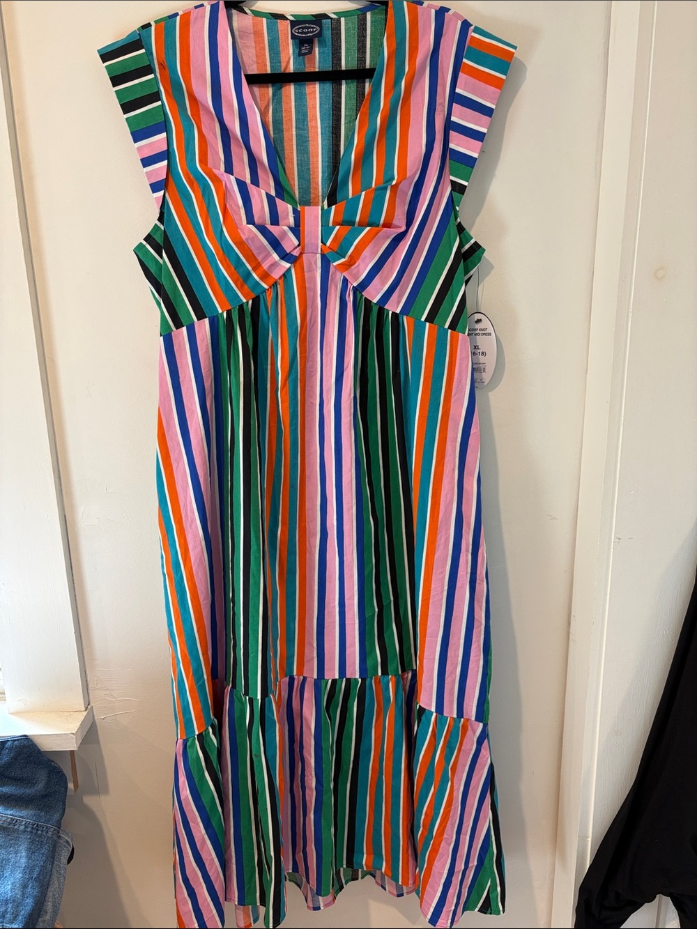 Scoop Knot Front Midi Multicolor Stripe Midi Dress XL